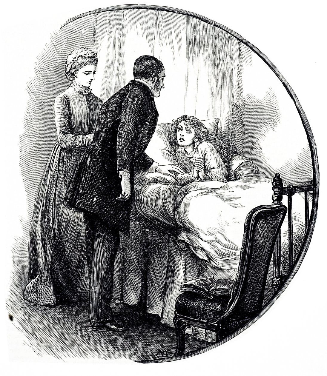 Een gravure die een dokter afbeeldt die zijn jonge patiënt thuis bezoekt door Mary Ellen Edwards