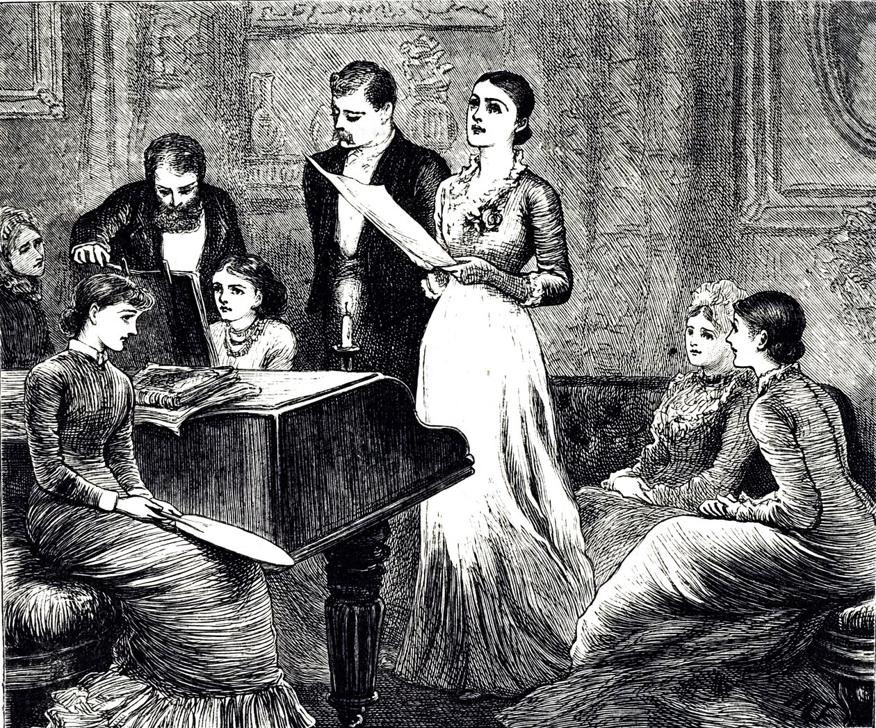 Een gravure die een muzikale avond afbeeldt. Geïllustreerd door Mary Ellen Edwards door Mary Ellen Edwards