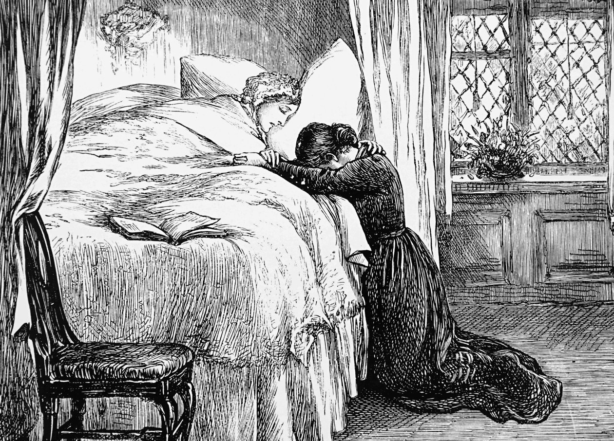 Illustratie van een dochter die huilt aan het sterfbed van haar moeder door Mary Ellen Edwards