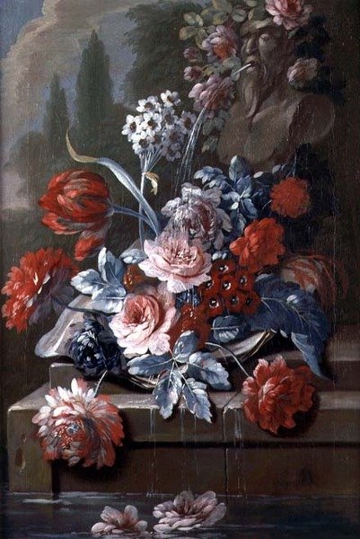 Stilleven van bloemen bij een fontein door Mary Moser
