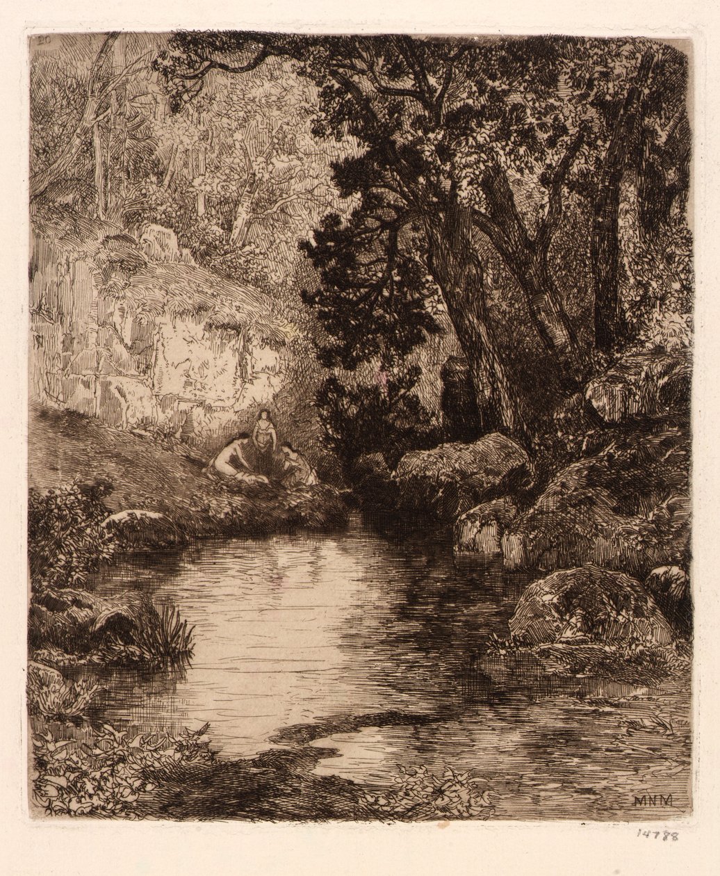 (Drie maagden bij de rivier) door Mary Nimmo Moran
