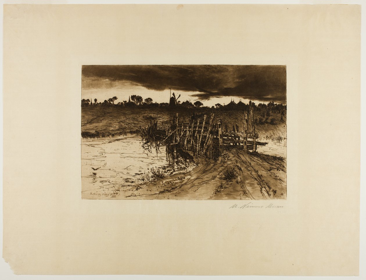 Landschap met molen en een houten brug door Mary Nimmo Moran