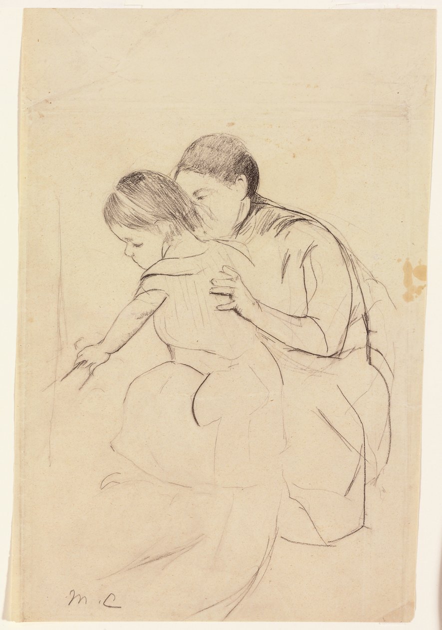 Baby met linkerhand die een badkuip aanraakt, vastgehouden door haar verpleegster, ca. 1891 door Mary Cassatt