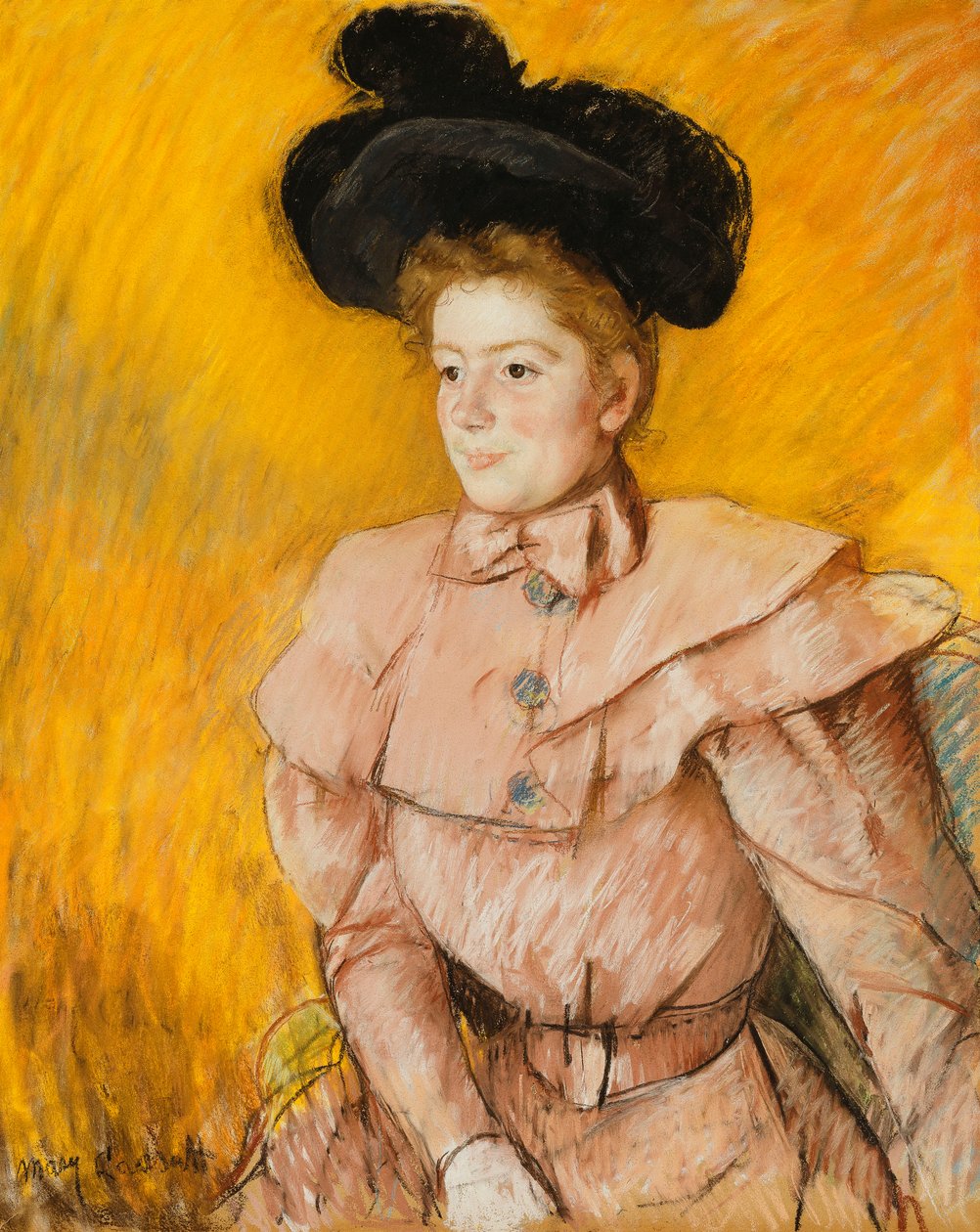 Vrouw met een zwarte hoed en een frambozenroze kostuum door Mary Cassatt