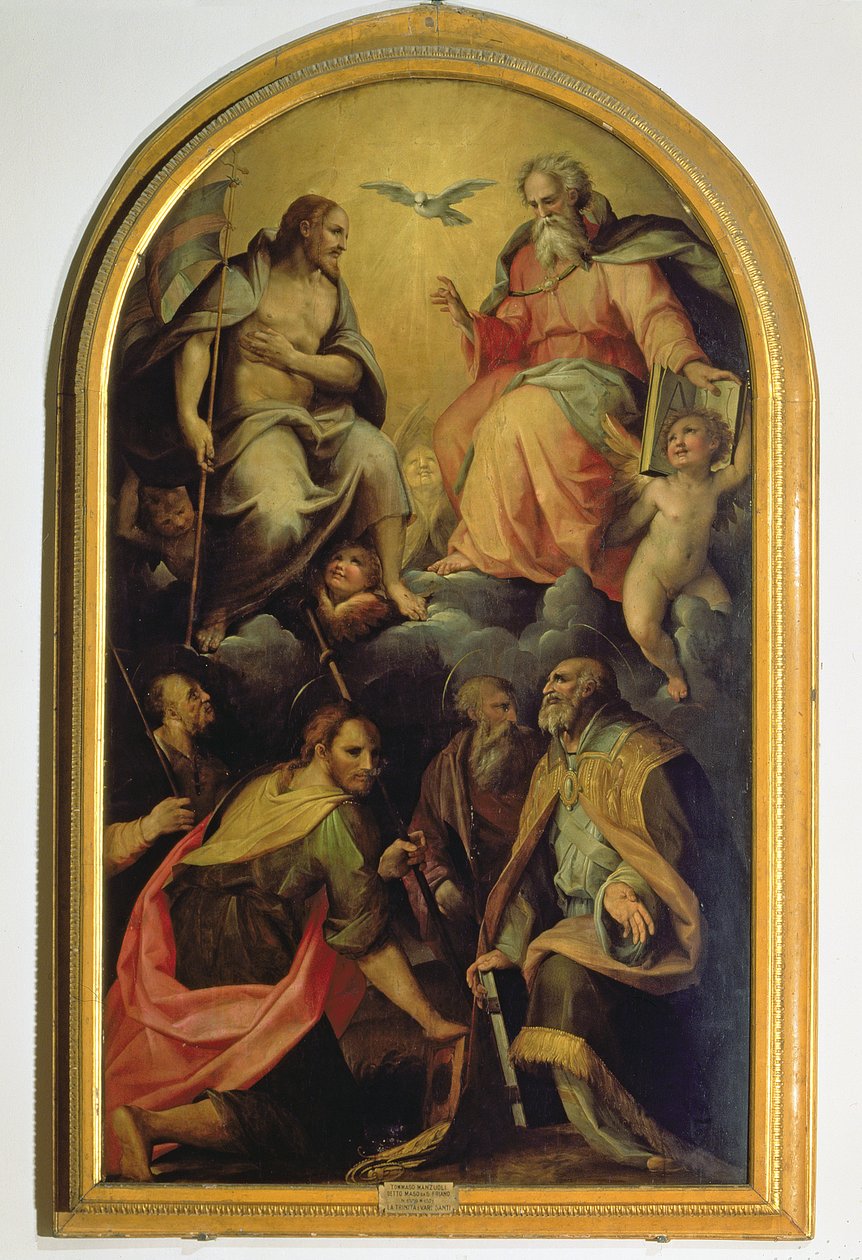 De Heilige Drie-eenheid met heiligen door Maso da San Friano