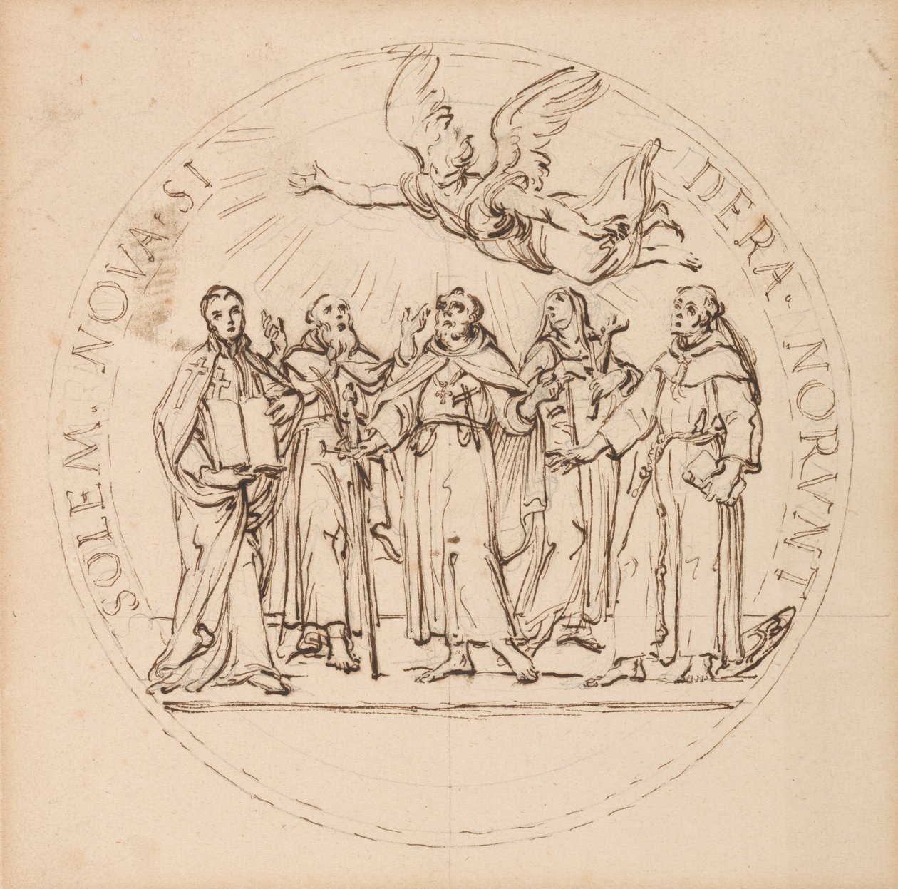 Ontwerp voor een pauselijke medaille voor de heiligverklaring door Clemens X van Sint Pius, Sint Gaetano dei Conti di Thiene, Sint Franciscus Borgia, S.J., Sint Louis Bertrand, O.P., en Sint Margaretha (koningin) van Schotland door Massimiliano Soldani