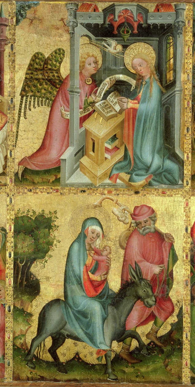 De Annunciatie en de Vlucht naar Egypte, van het Buxtehude Altaar, 1400-10 door Master Bertram of Minden