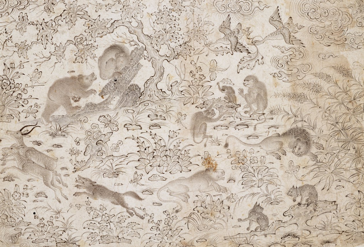 Vogels en Beesten in een Bloemrijk Landschap door Master Muhammad Siyah Qalam