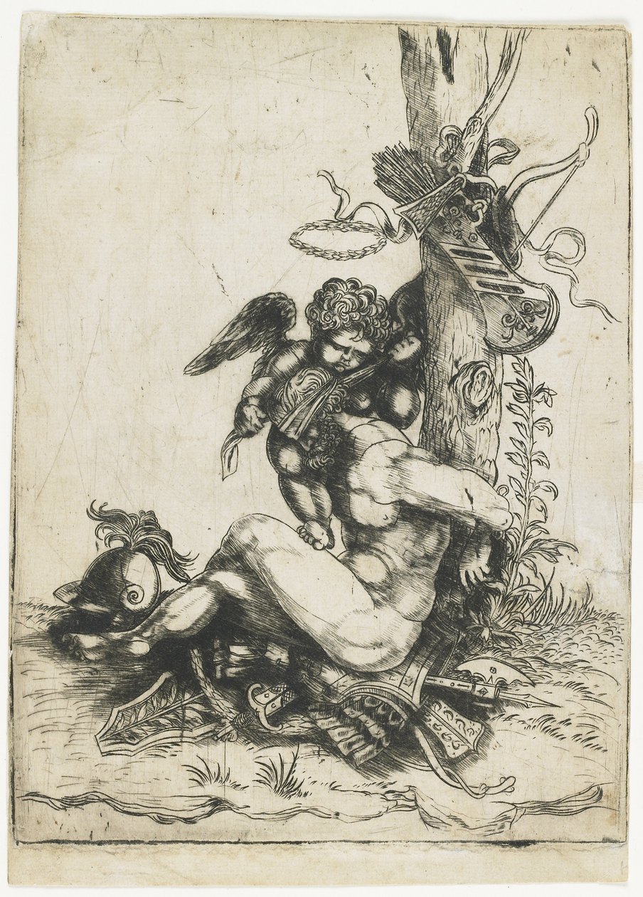 Mars gebonden door Cupido, c.1515-1520 (droge naald) door Master of 1515