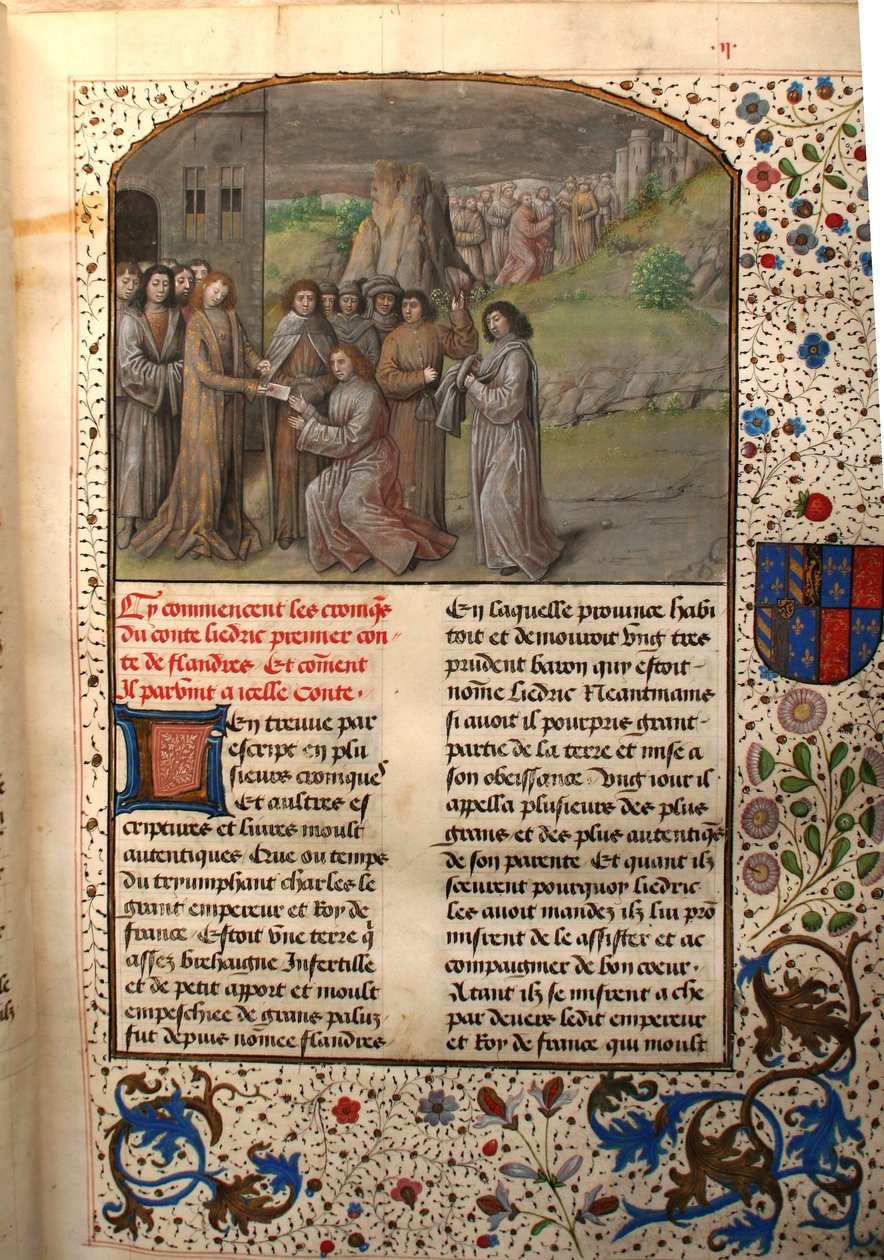 Ms 659 fol.2r Karel de Grote benoemt de eerste graaf van Vlaanderen, 1477 door Master of Mary of Burgundy