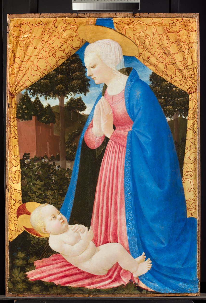 Maagd die het kind aanbidt door Master of the Castello Nativity