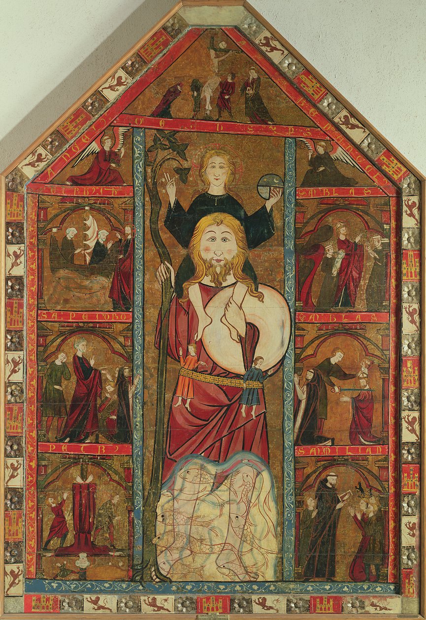 St. Christoffel en het kind Jezus, de kruisafneming en scènes uit het leven van de heiligen door Master of the Castilian School