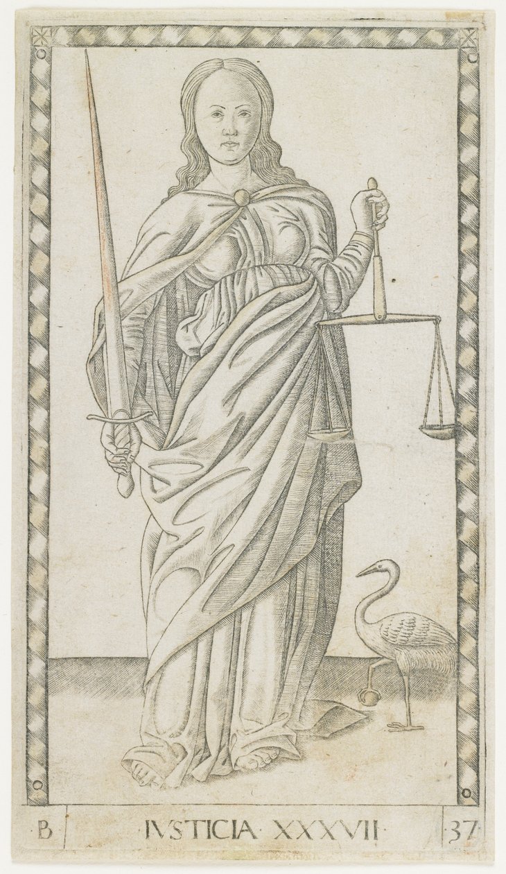Gerechtigheid, c.1465 (gravure verhoogd met goud) door Master of the E Series Tarocchi Master of the E Series Tarocchi