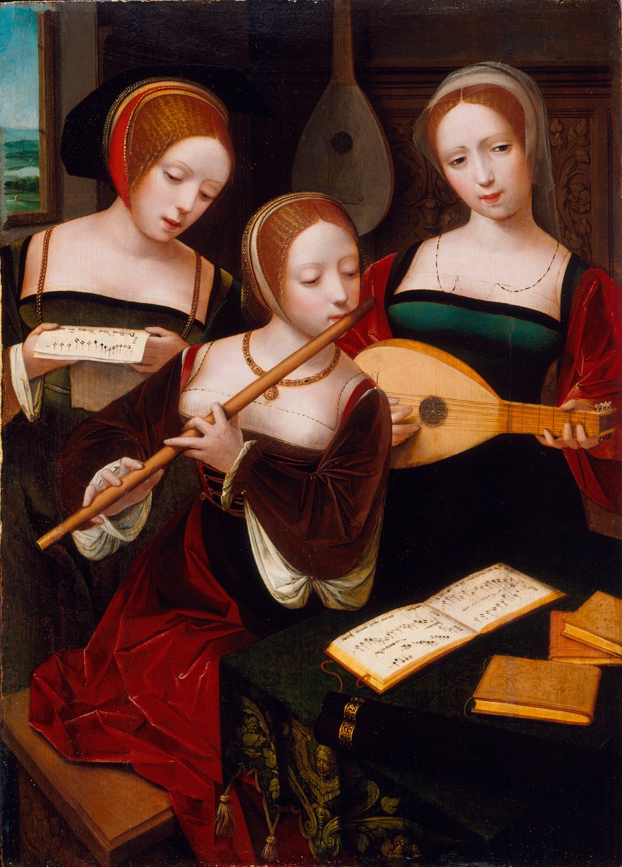 Drie muzikanten, ca. 1530 door Master of the Female Half Lengths