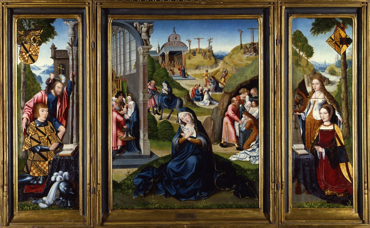 Het Ashwellthorpe Drieluik van de Zeven Smarten van Maria, met scènes uit het leven van de Maagd, met zijpanelen met twee schenkers met HH. Catharina en Christoffel, ca. 1520 door Master of the Legend of the Magdalen