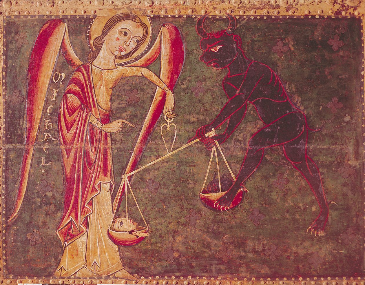 St. Michael weegt zielen, van een altaarstuk gewijd aan Aartsengel Michael door Master of the Llusanes