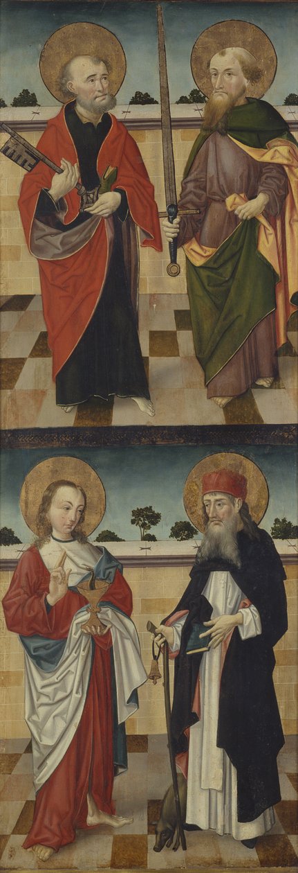 Boven: St. Peter met een Sleutel en St. Paul met een Zwaard; Onder: St. Johannes de Evangelist met een Kelk met een Slang en St. Antonius de Grote met een Pelgrimsstaf en een Varken aan zijn Voeten door Master of the Luneburg Footwashers