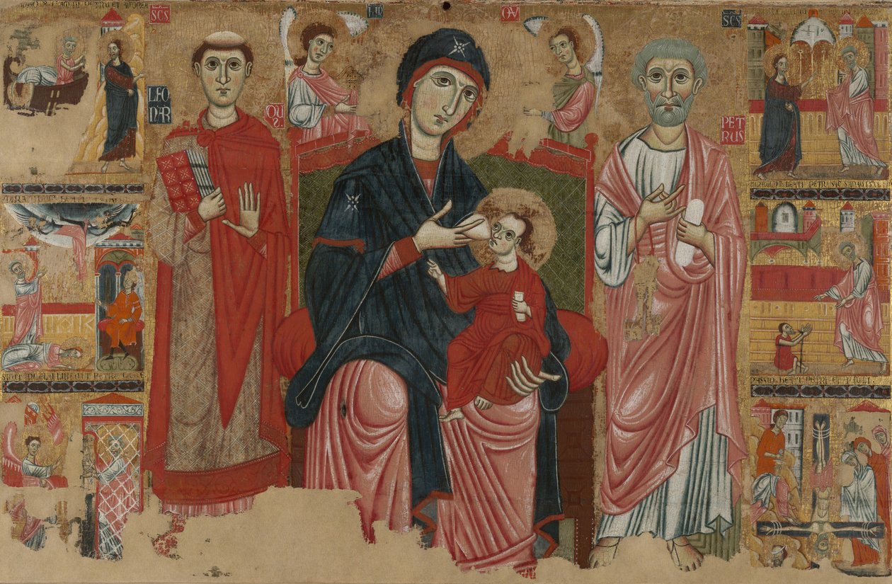 Maagd en Kind op de troon met heiligen Leonard en Peter en scènes uit het leven van Sint-Pieter, ca. 1280 door Master of the Magdalen