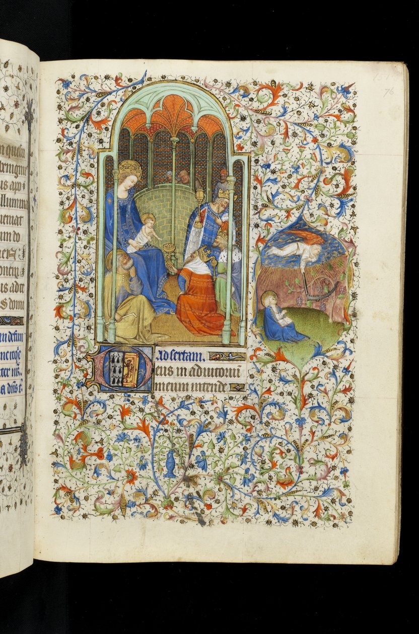 Ms 62 f.76r Aanbidding van de Koningen; St. Johannes en Engel met Sikkel, uit een Getijdenboek door Master of the Rohan Hours