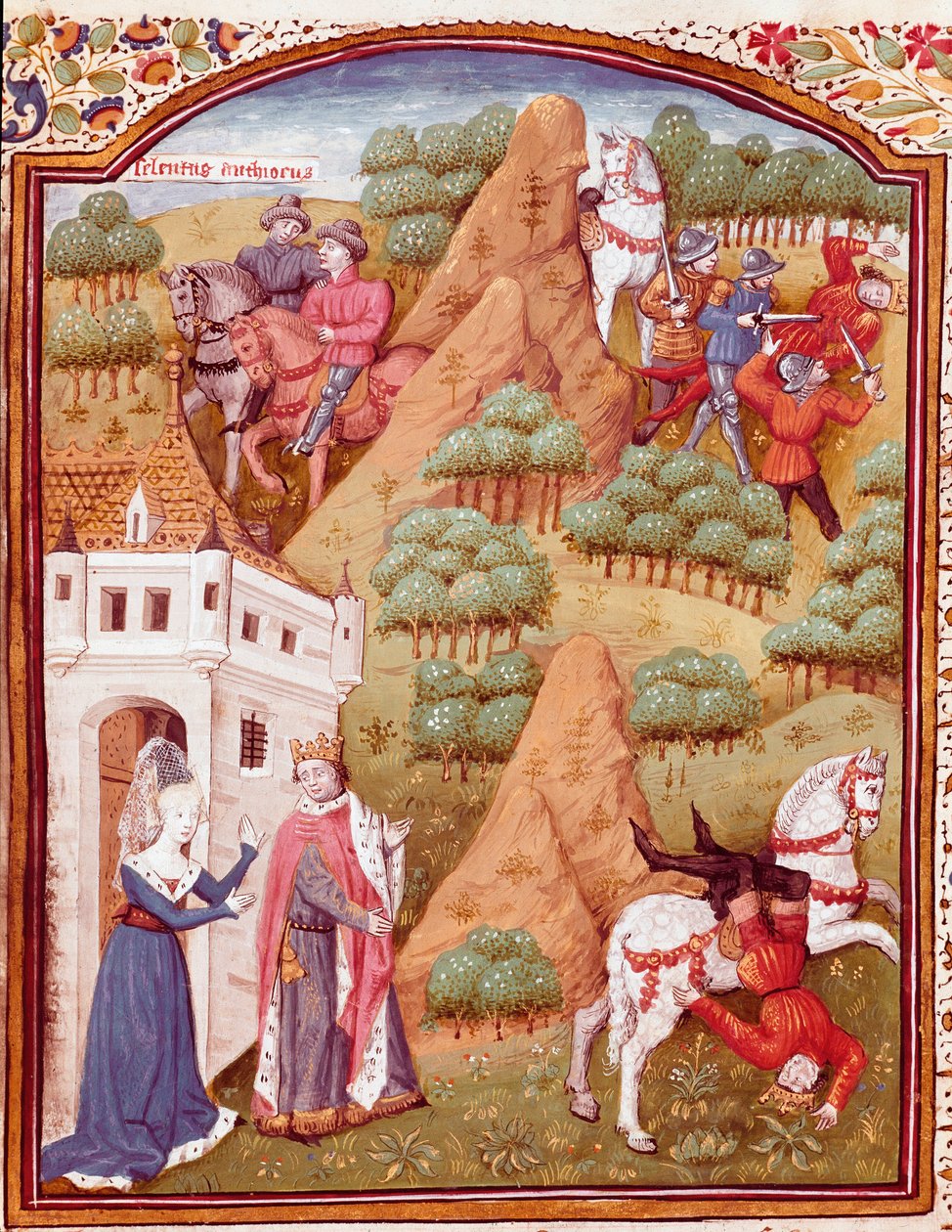 Seleucos I Nicator en zijn vader Antiochos koning van Azië en Syrië Een van de twee koningen wordt vermoord, paard valt. Miniatuur uit "Des cas des nobles hommes et femmes infortunes" (De casibus) door Giovanni Boccaccio door Master Dunois