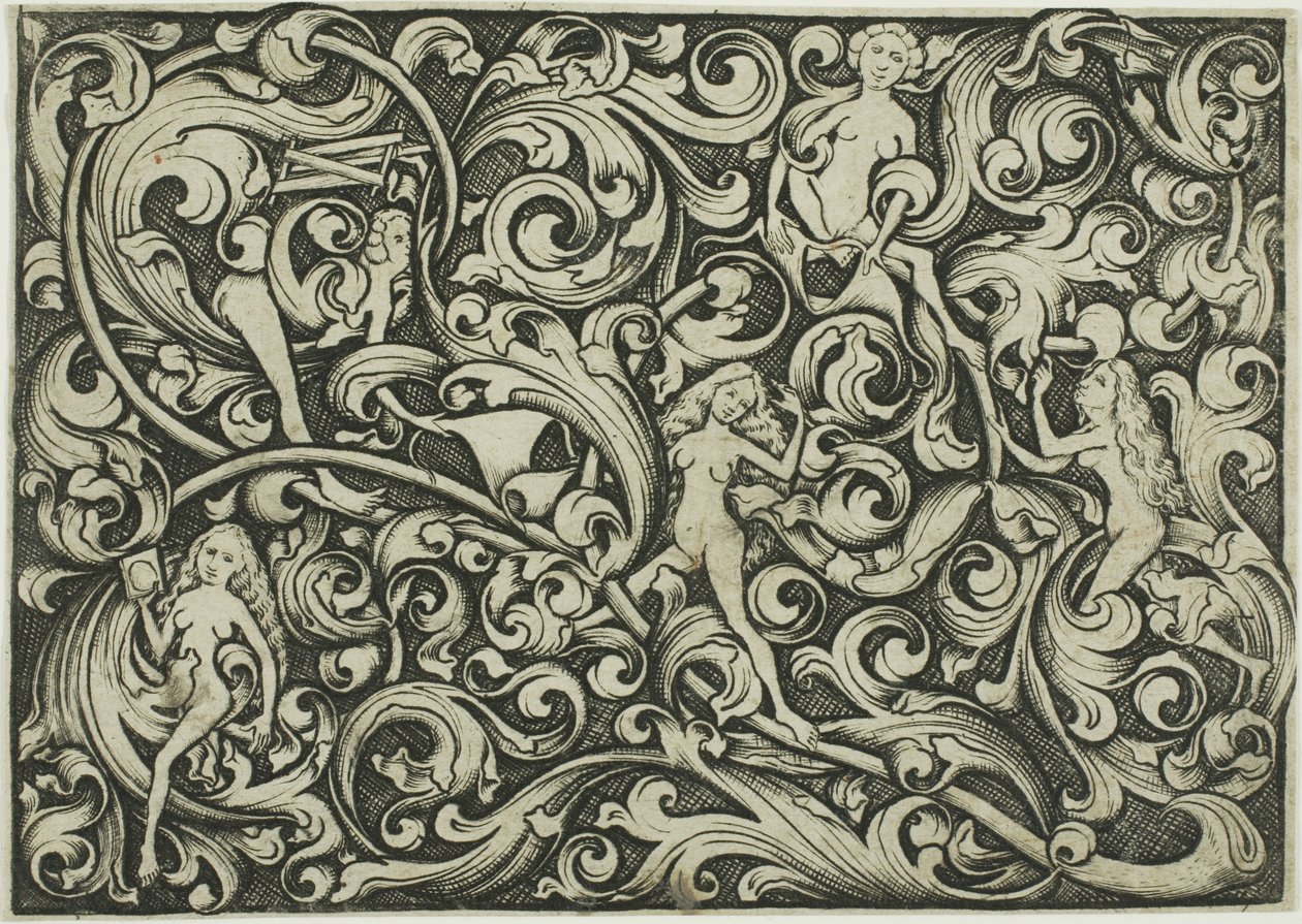 Ornament met vechtende vrouwen door Master E.S.