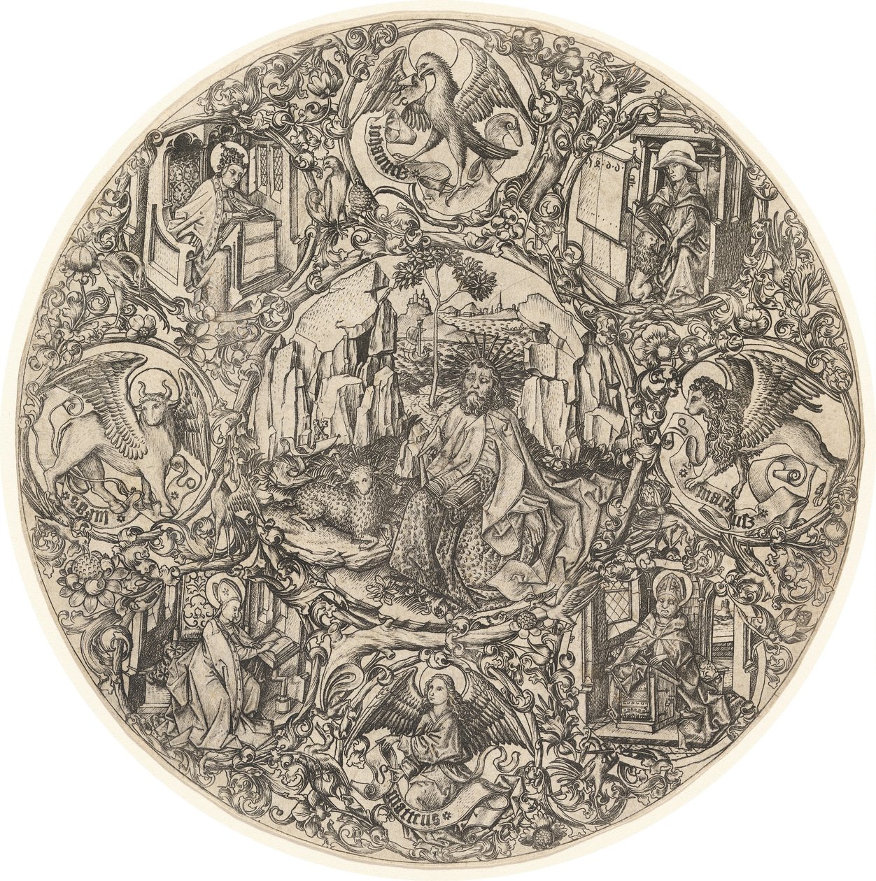 Sint Johannes de Doper in de Wildernis met het Lam van God, Omringd door de Symbolen van de Evangelisten en de Vier Kerkvaders door Master E.S.
