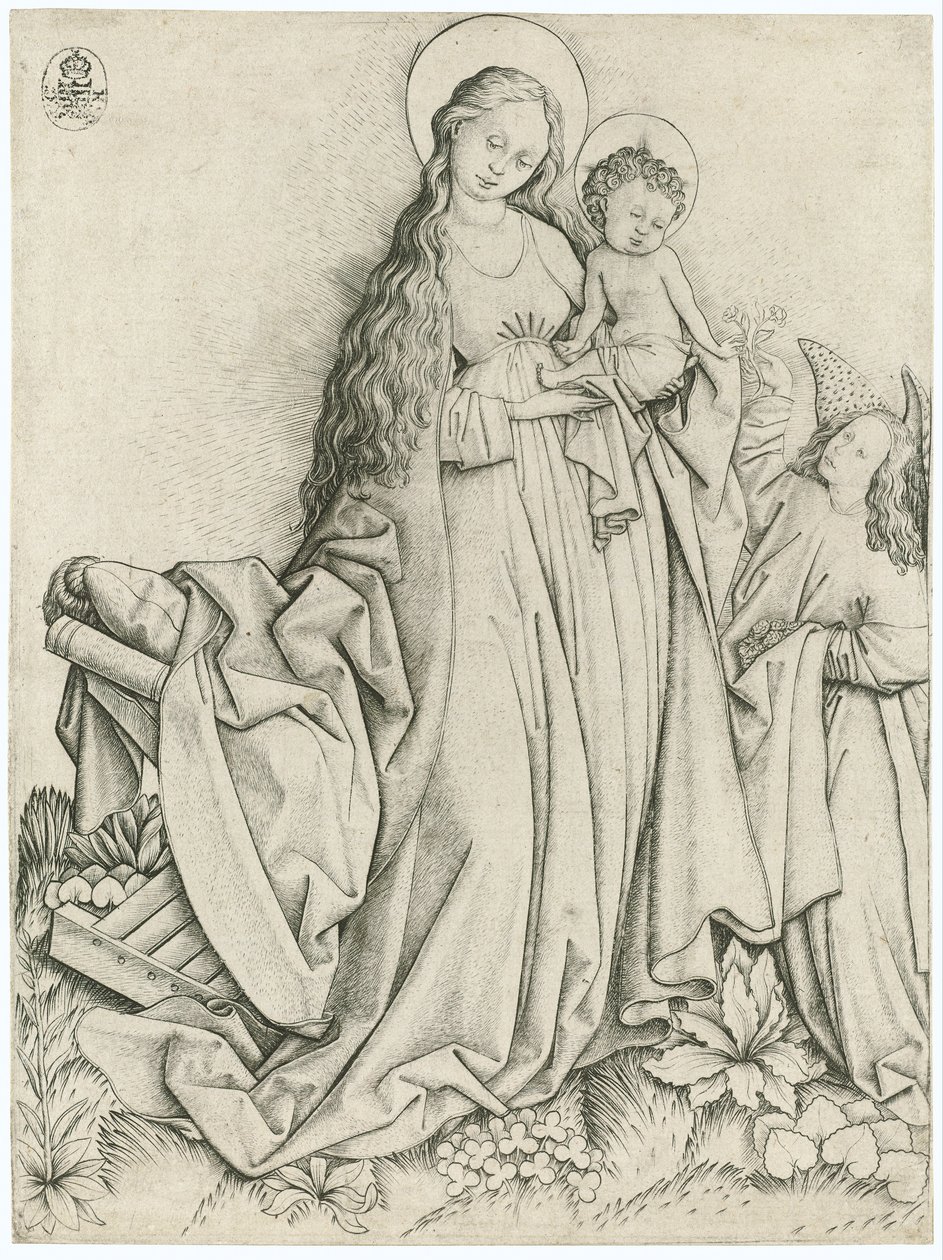 Madonna met engel die rozen geeft door Master E. S.