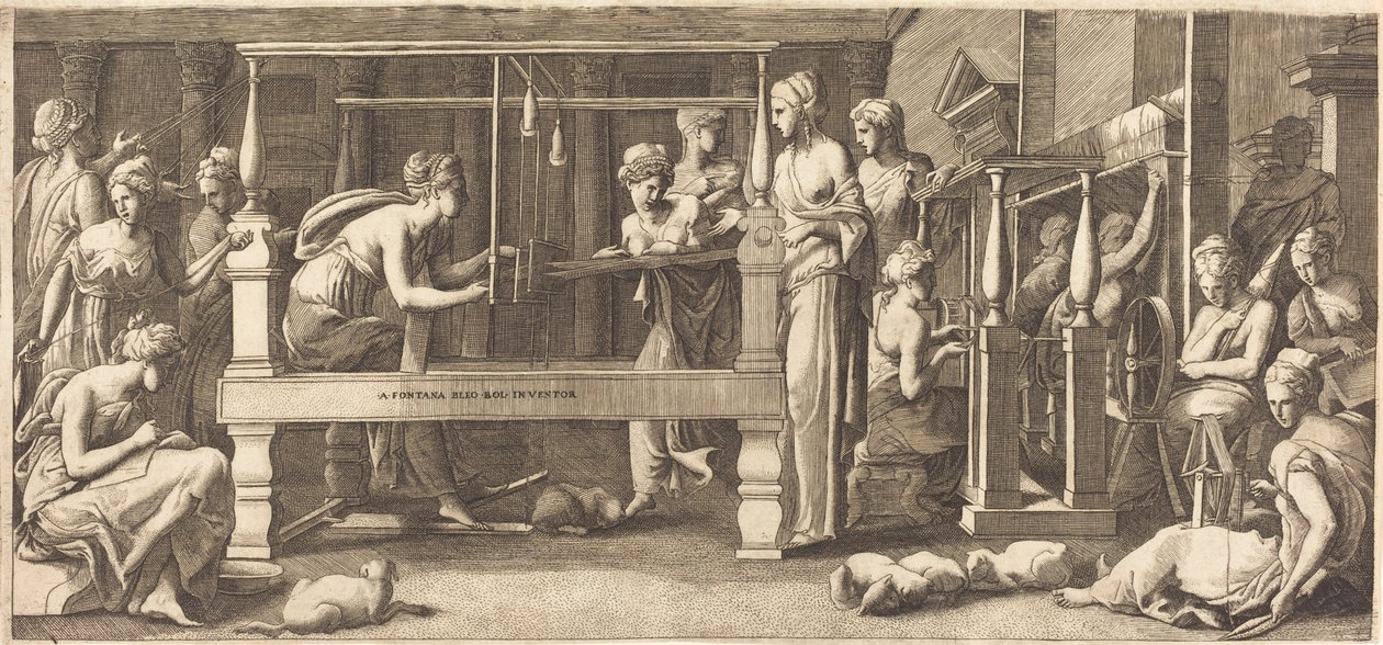Penelope en haar dienstmeisjes aan het weven door Master FG, after Francesco Primaticcio