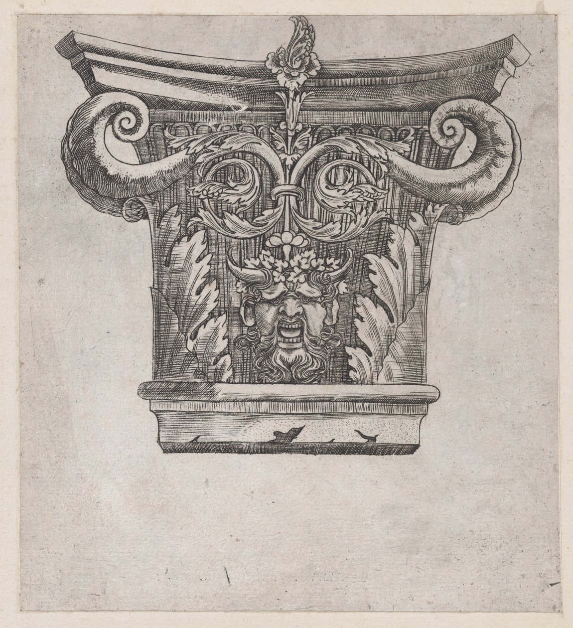 Speculum Romanae Magnificentiae: Kapiteel met peulvruchtvoluten en saterhoofd, ca. 1537 door Master GA