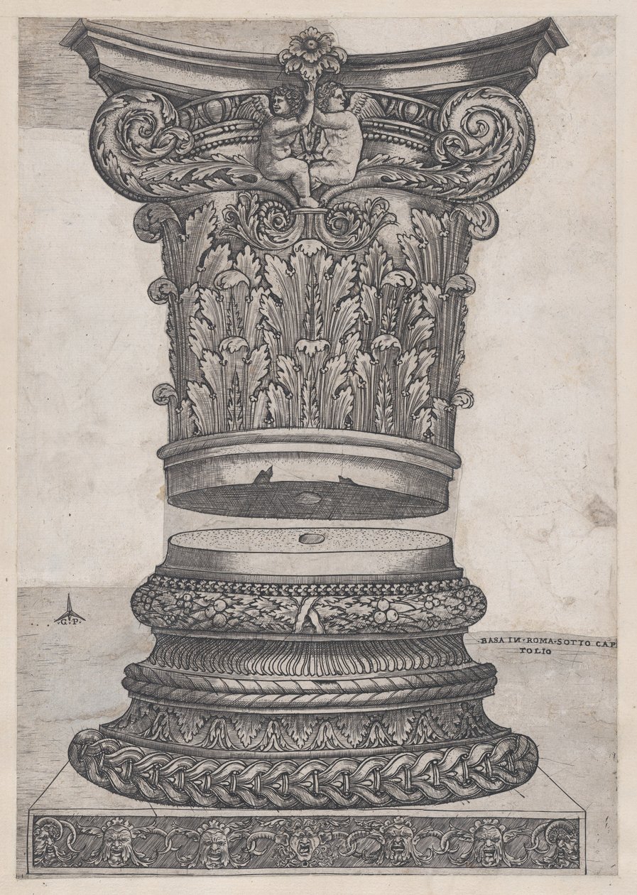 Speculum Romanae Magnificentiae: Gedecoreerde kapiteel en basis, ca. 1537 door Master GA