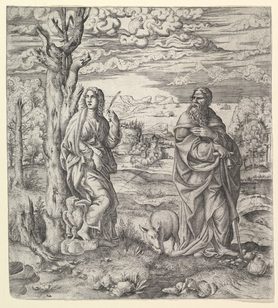 Sint Jan en Antonius in een Landschap, ca. 1544-45 door Master IQV