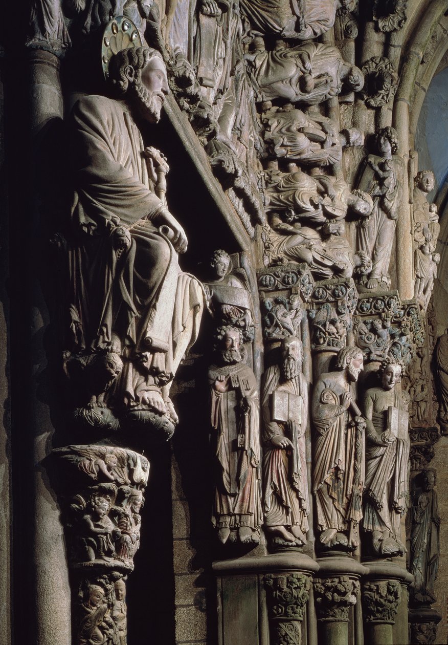Detail van de Portico de la Gloria met St. Jacobus door Master Mateo