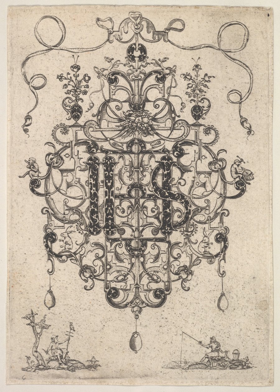 Ontwerp voor een hanger met IHS-monogram, 1609 door Master PRK
