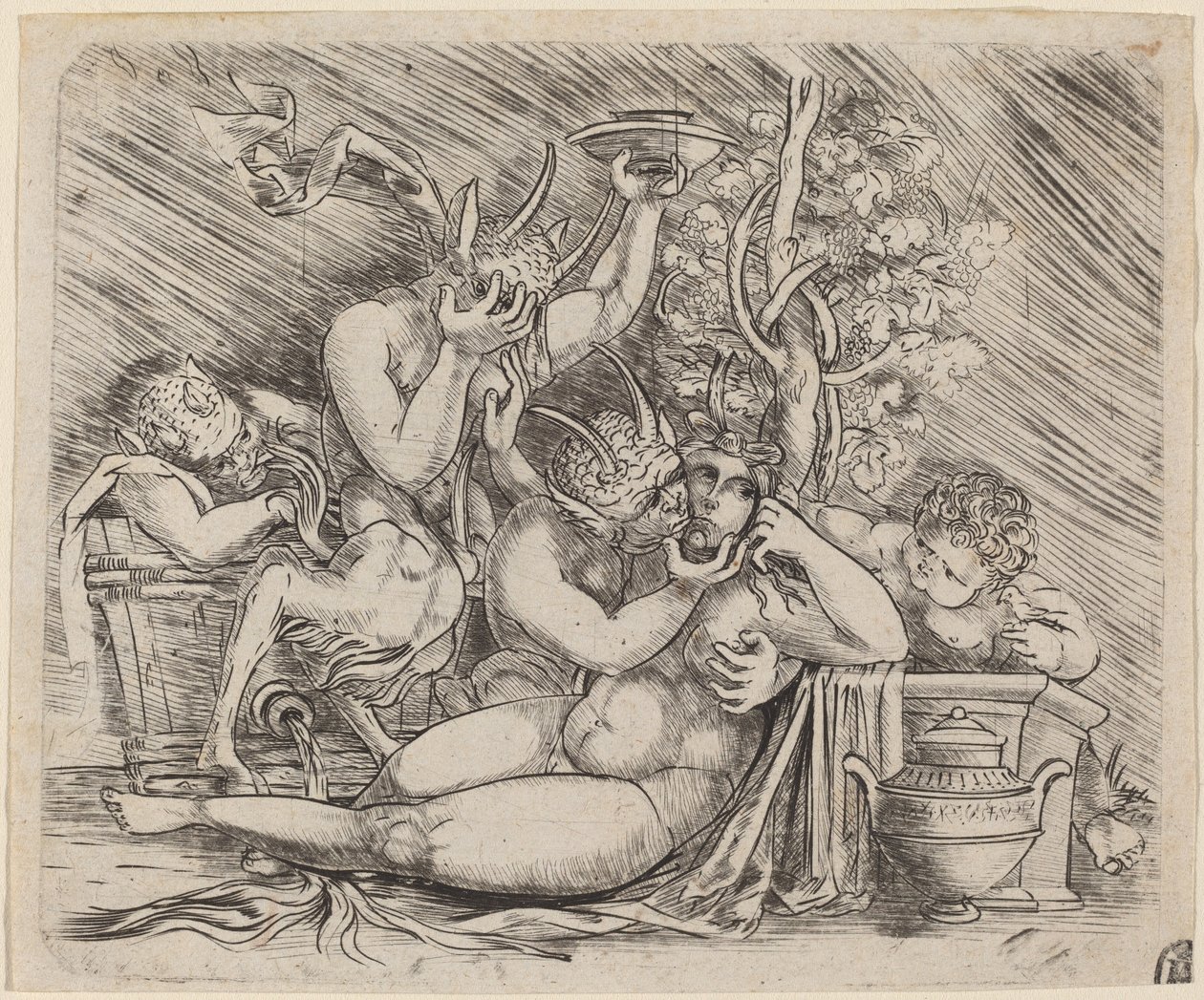 Bacchanaal Scène met Saters en een Maenade door Master of 1515