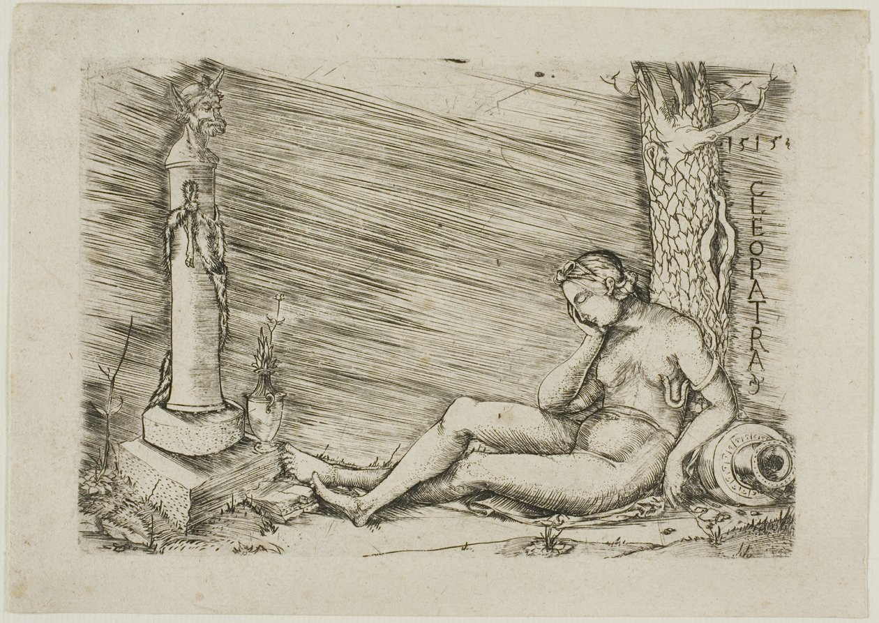 Cleopatra liggend aan de voet van een boom, met een term door Master of 1515