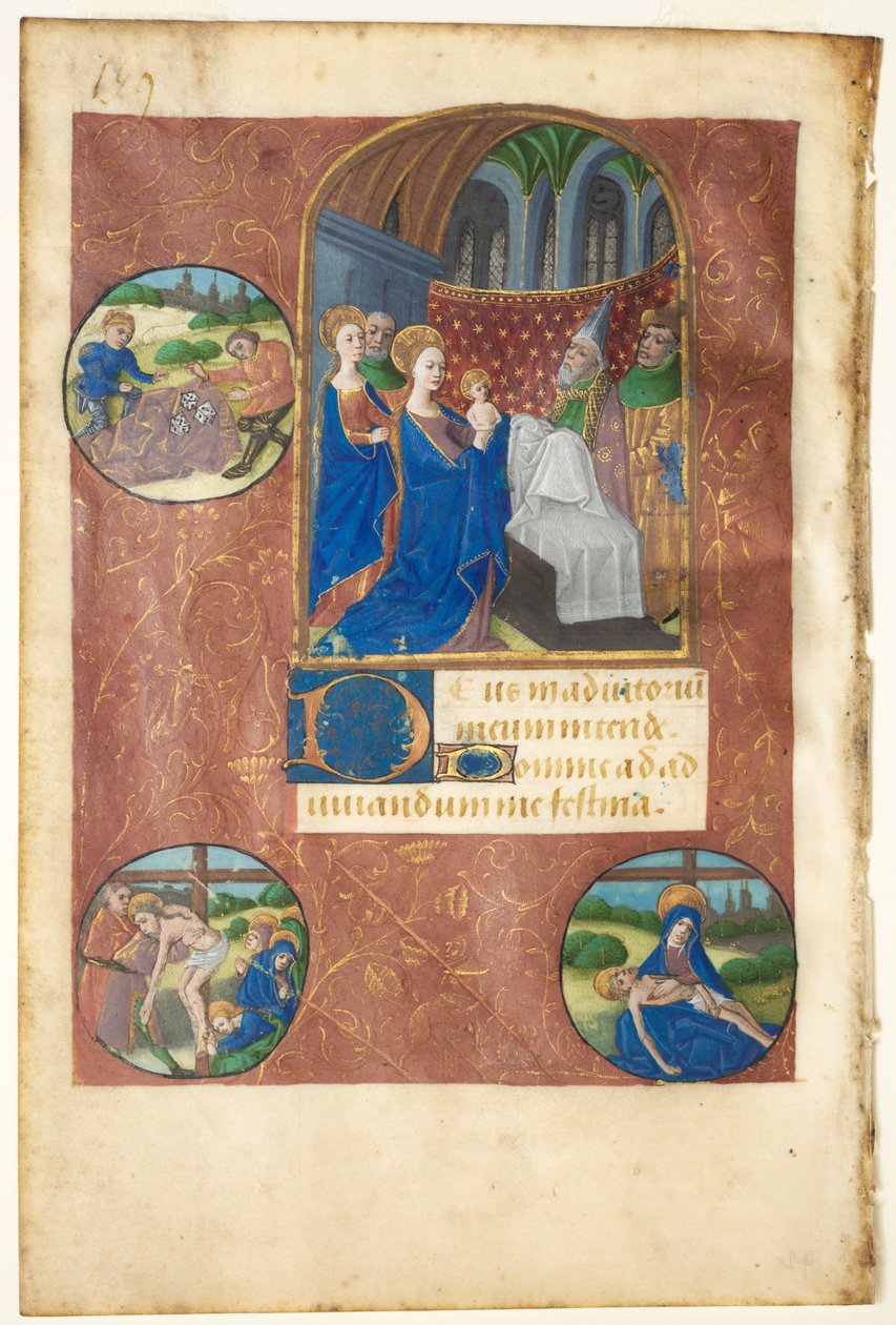 Blad uit een getijdenboek: Presentatie in de tempel met rondellen van het lot werpen door Master of Adélaïde de Savoie