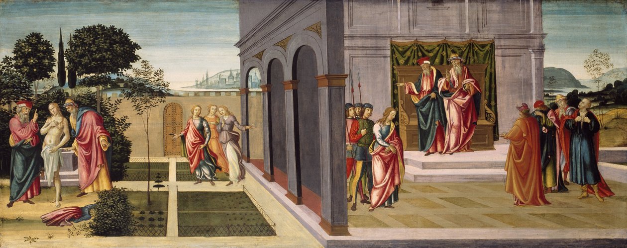 Susanna en de Ouderen in de Tuin, en het Proces van Susanna voor de Ouderen, c.1500 door Master of Apollo and Daphne