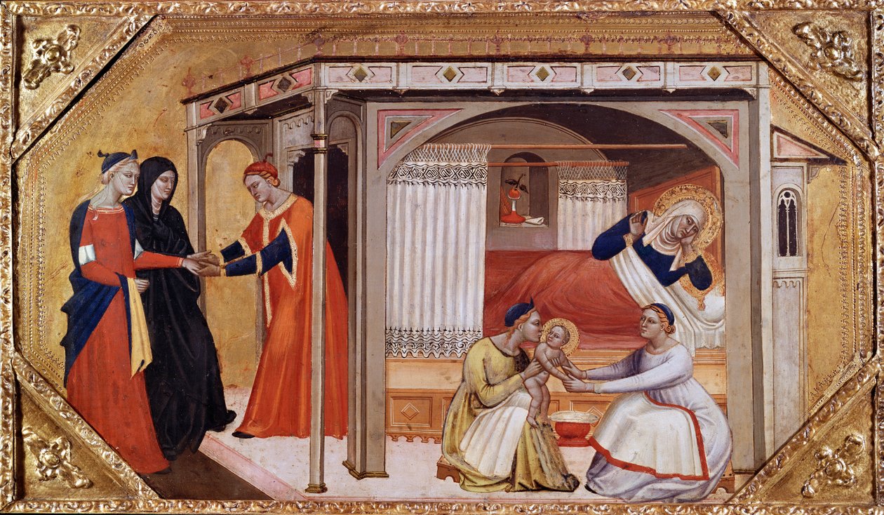 De geboorte van de Maagd Maria door Master of Ashmolean Predella