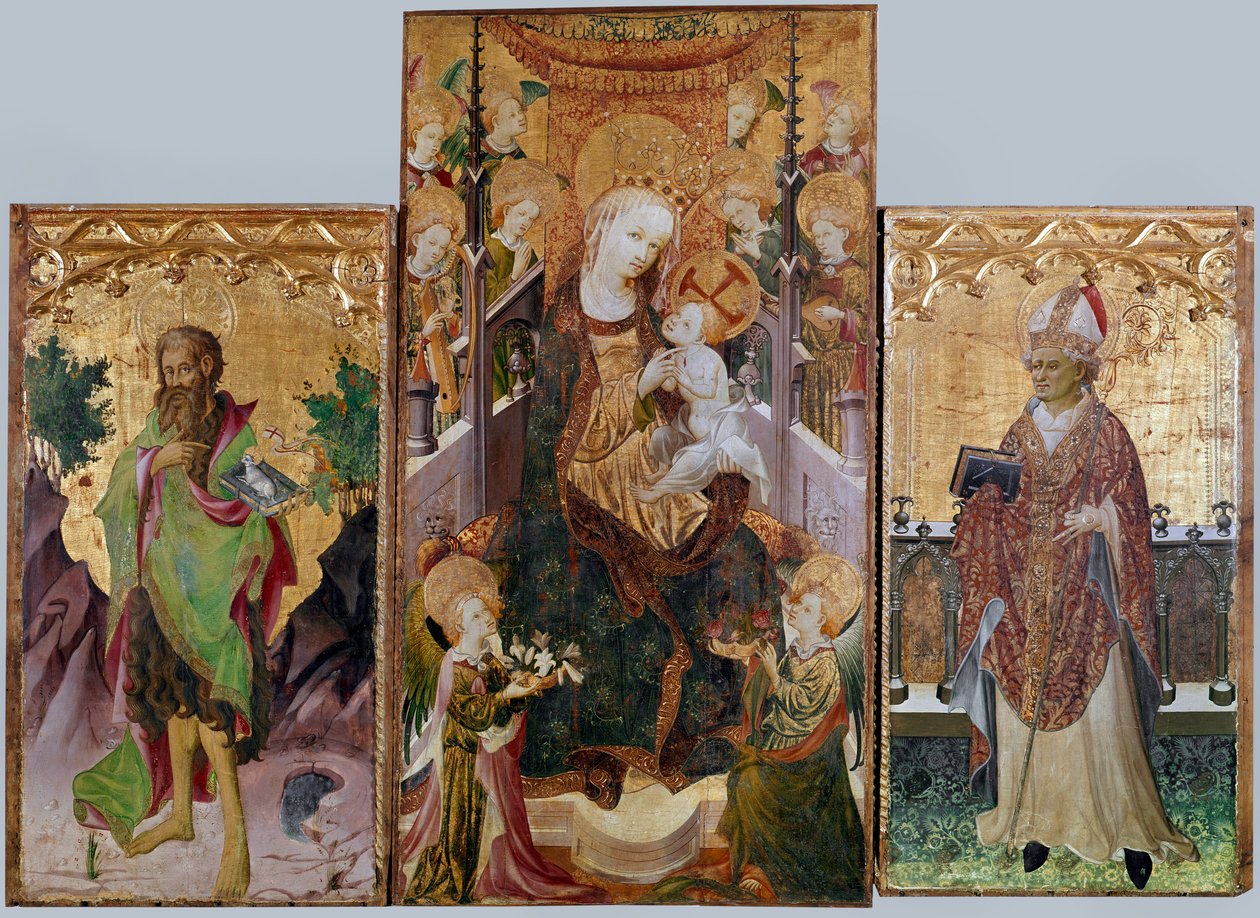 Maagd met kind, Johannes de Doper en Sint Ambrosius - Altaarstuk met drie panelen, rond 1430 door Master of Burgo de Osma