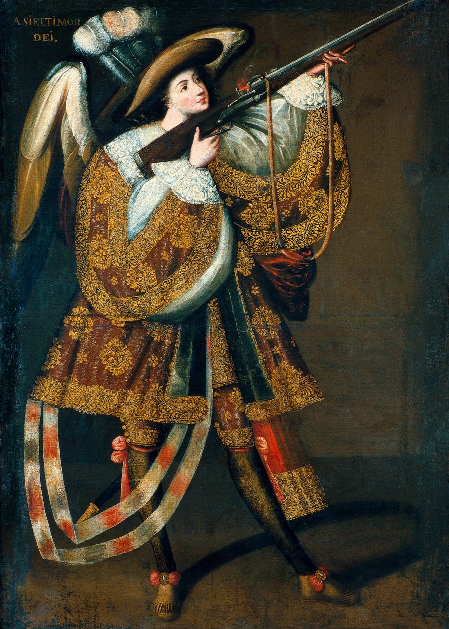 De Arquebusier Engel, deel van een serie schilderijen door de Meester van Calamarca door Master of Calamarca