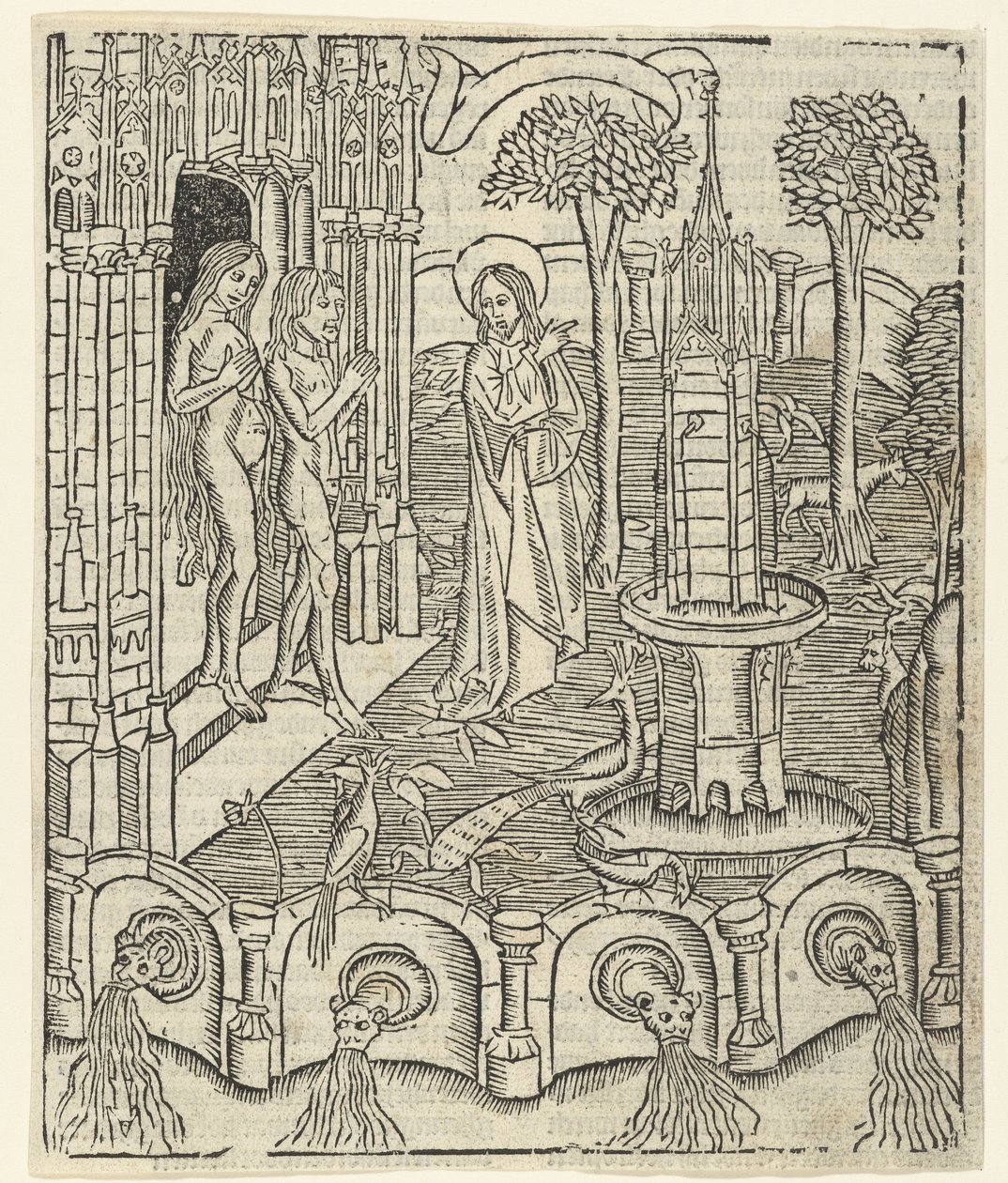 God toont Adam en Eva het Paradijs door Master of Delft (attributed to)