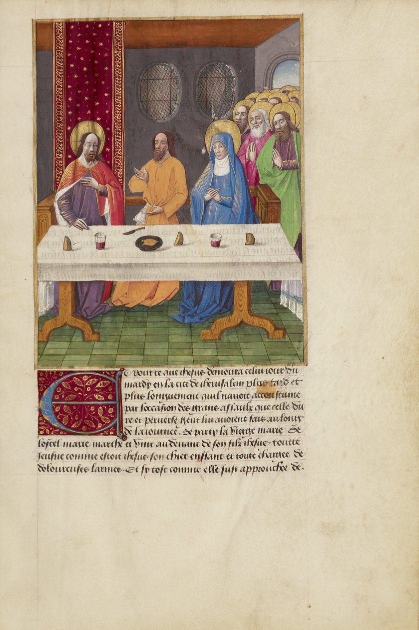 Judas aan tafel tussen Christus en de Maagd door Master of Guillaume Lambert