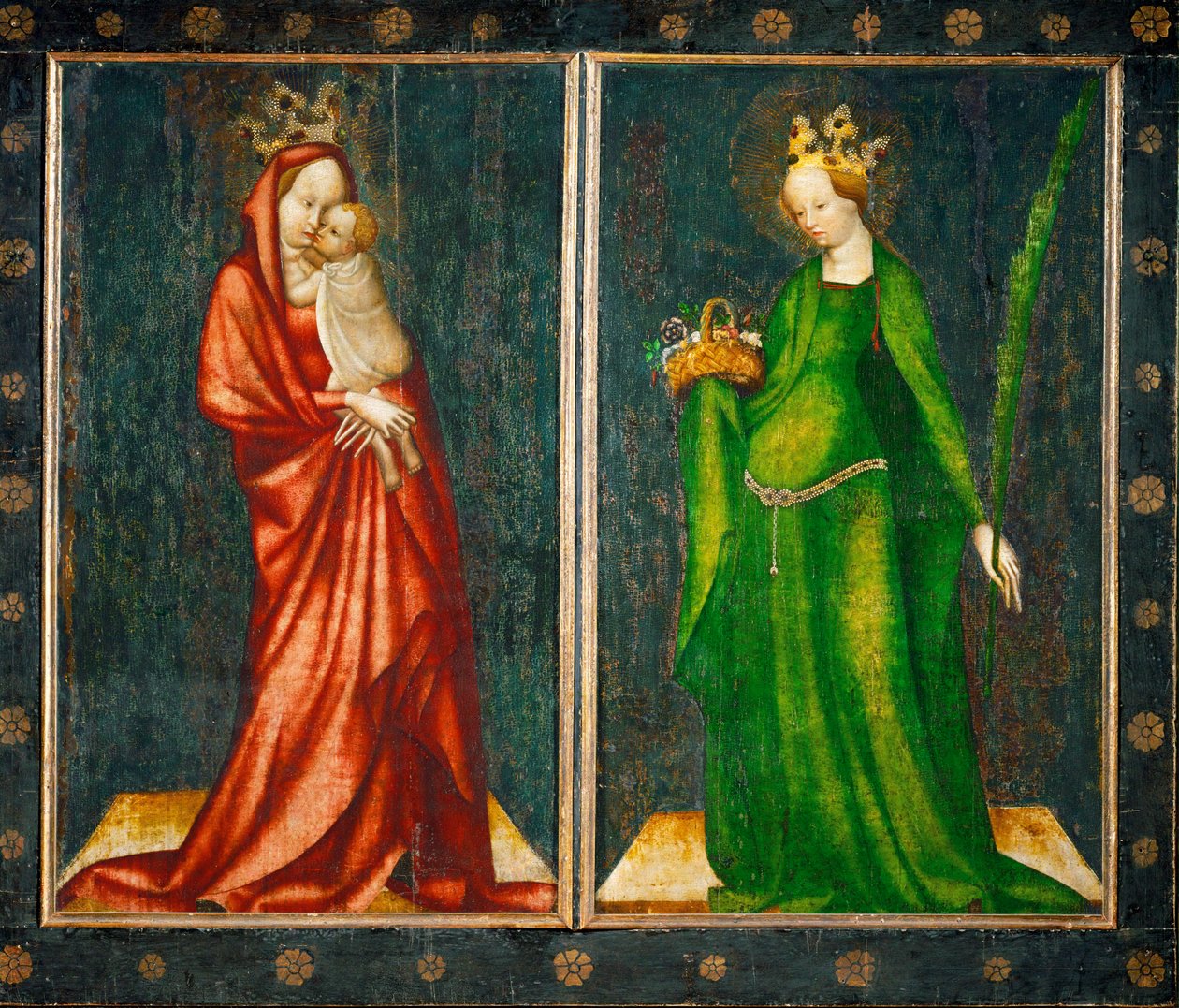 Twee buitenpanelen van een altaar, links Madonna, rechts Sint Dorothea (schilderij op eikenhout) door Master of Heiligenkreuz