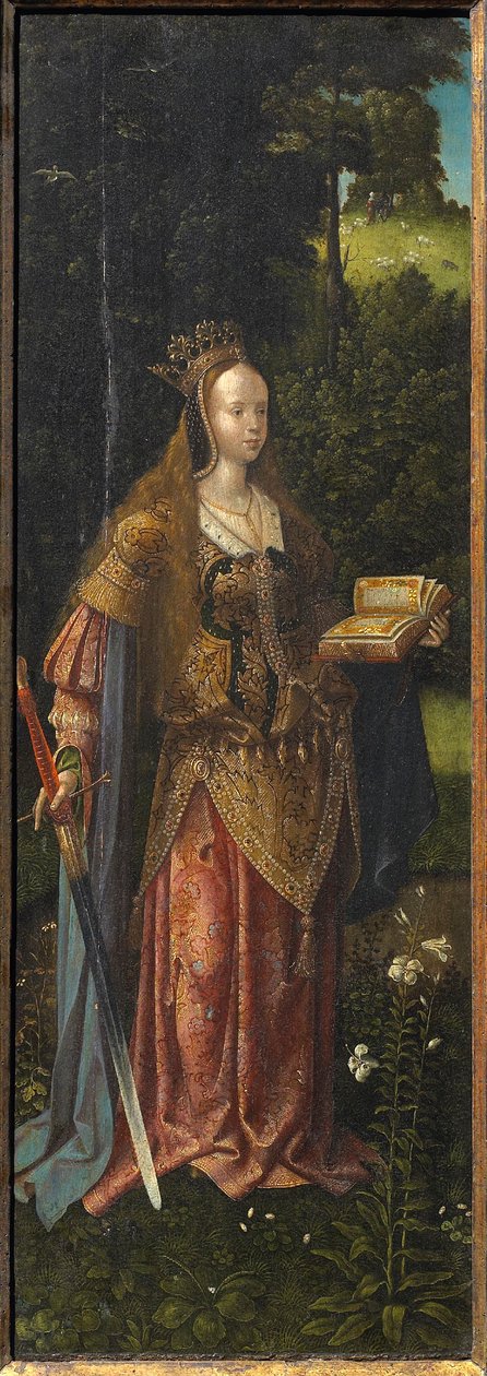 Heilige Catharina. Heilige Familie met Engelen en Heiligen Catharina en Barbara drieluik, 16e eeuw door Master of Hoogstraeten
