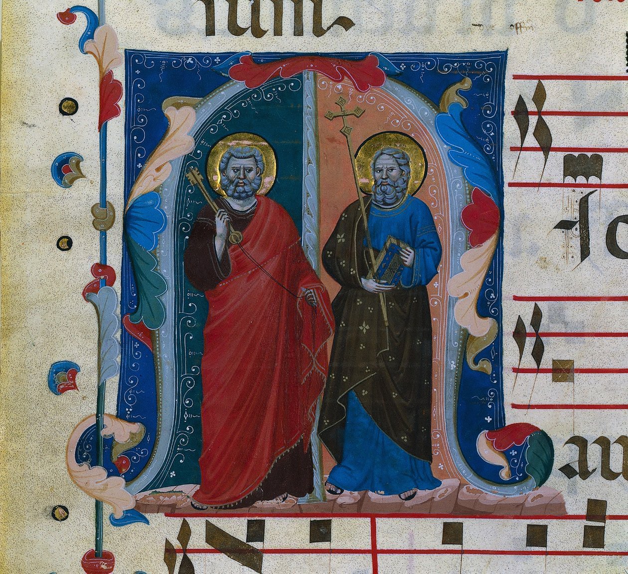 Blad uit een Graduale met geïllustreerde initiaal (M): SS. Petrus en Andreas door Master of Isaac and Esau