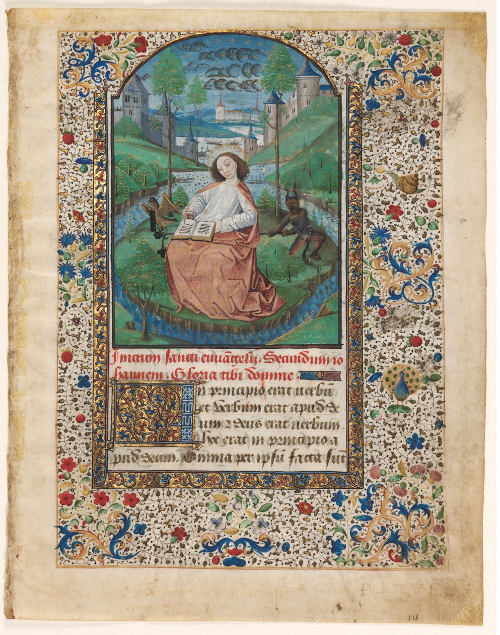 Blad uit een Getijdenboek: Johannes op Patmos (1 van 2 uitgesneden bladen) door Master of Jacques de Luxembourg
