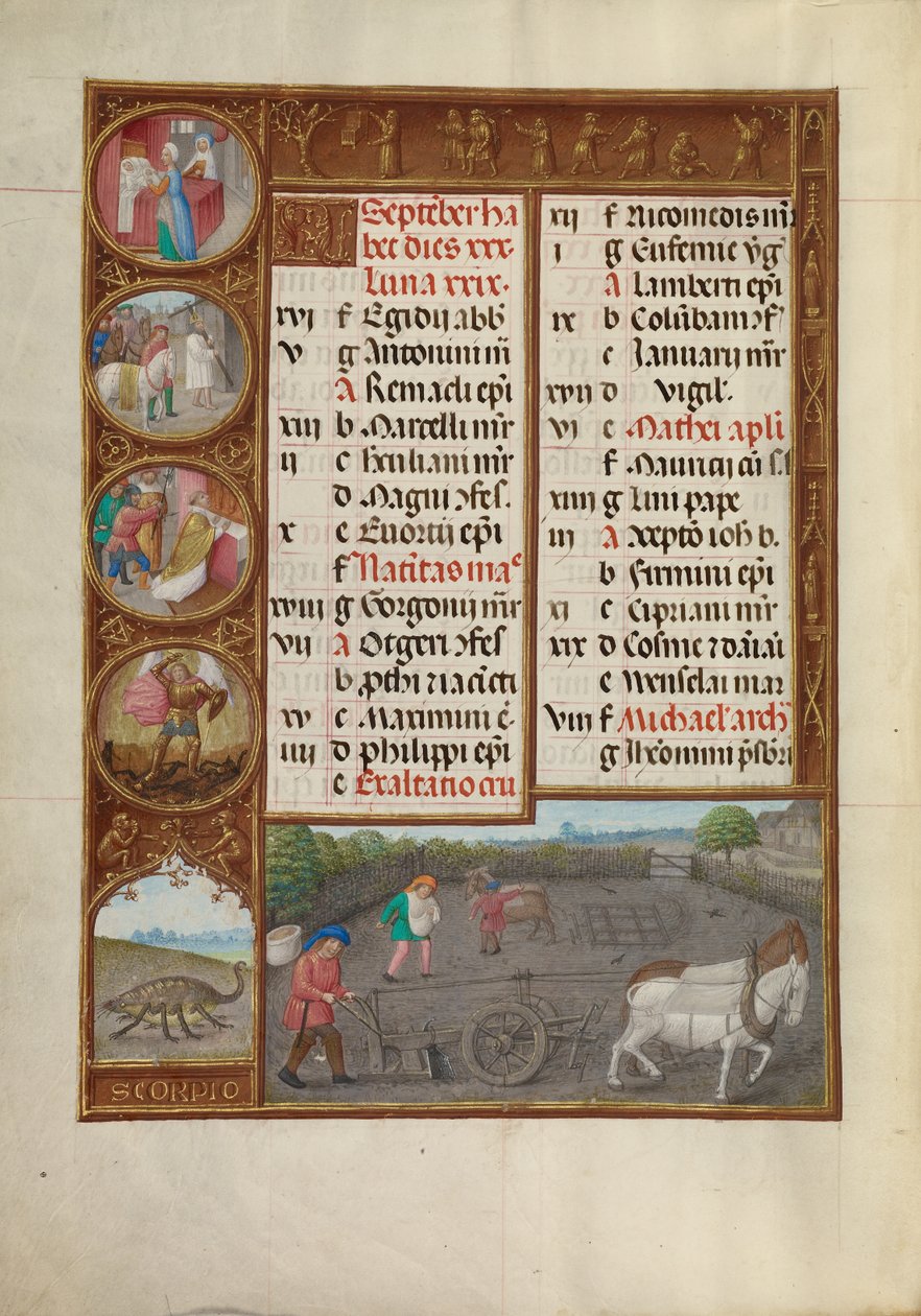 September Kalenderblad; Ploegen en zaaien; Schorpioen door Master of James IV of Scotland