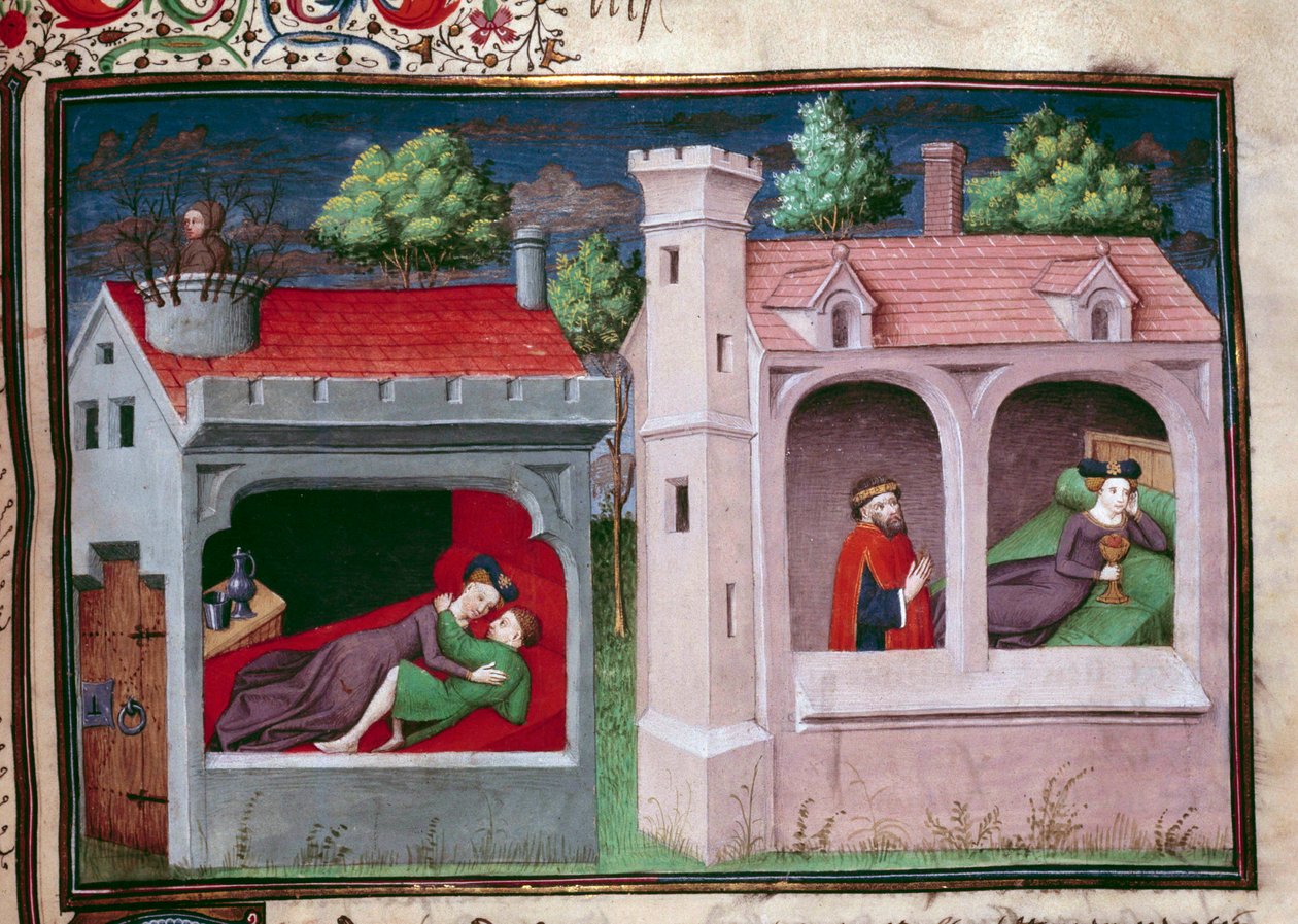 Galante scène: twee koppels praten. Pagina van een manuscript in het Frans van de 
