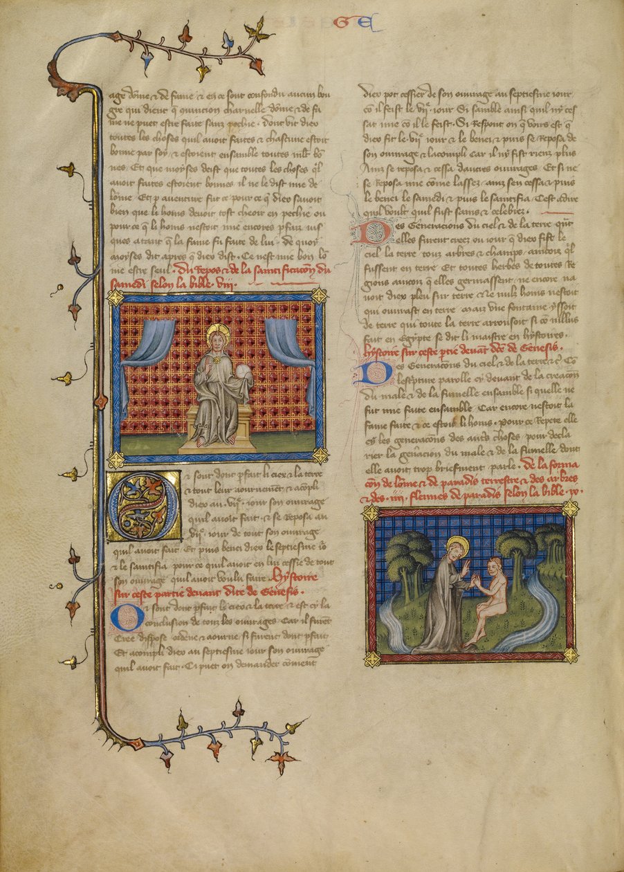 Rustdag: Heer op zijn troon; God en Adam in de tuin door Master of Jean de Mandeville