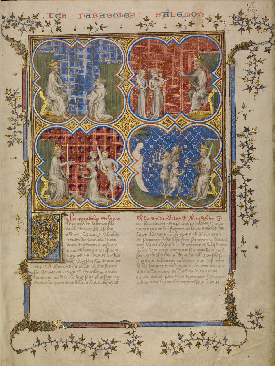 Salomo onderwijst Rehoboam; Het oordeel van Salomo; Salomo test de legitimiteit van drie broers door Master of Jean de Mandeville